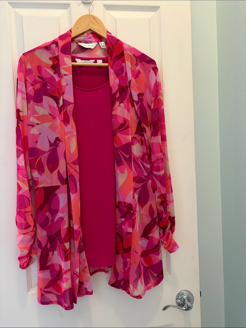 Susan Graver Pink Multi-Color Floral Sheer Open-Front Tunic with Shell